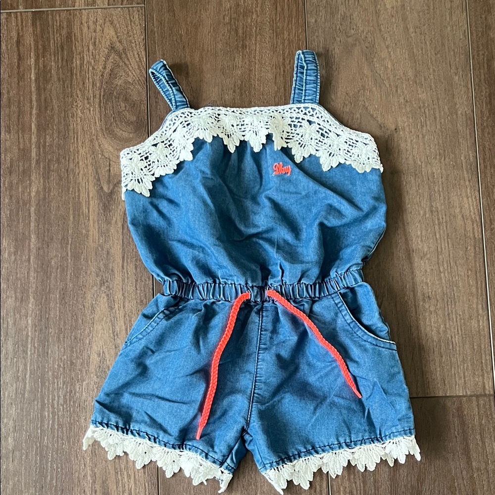 DKNY Blue Denim Kids Romper with White Lace and Red Accents